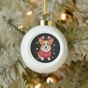 Cute Corgi Valentine Heart Valentines Day Ceramic Ball Christmas Ornament