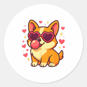 Cute Corgi Valentine Puppy With Heart Sungles  Classic Round Sticker