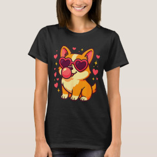 Cute Corgi Valentine Puppy With Heart Sungles  T-Shirt