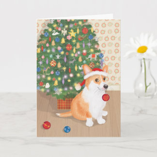 Cute corgi with Christmas tree card