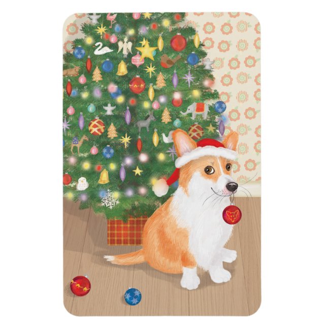 Cute corgi with Christmas tree magnet (Vertical)