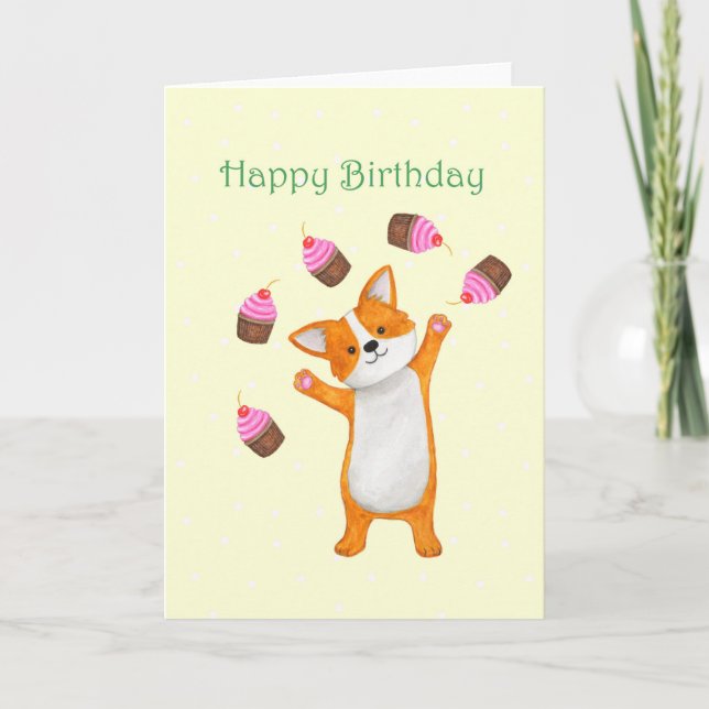 Cute Corgi with cupcakes Corgi Happy Birthday Card (Front)