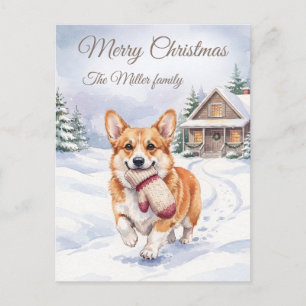 Cute Corgi with Mitten Woodland Christmas Custom Holiday Postcard