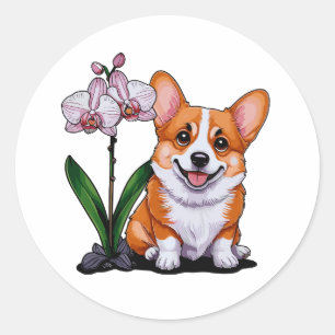 Cute Corgi with Orchidea Classic Round Sticker