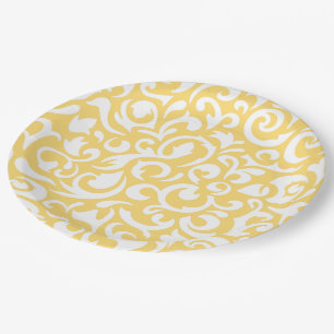 Cute Corn Yellow White Damask Floral Pattern Paper Plate