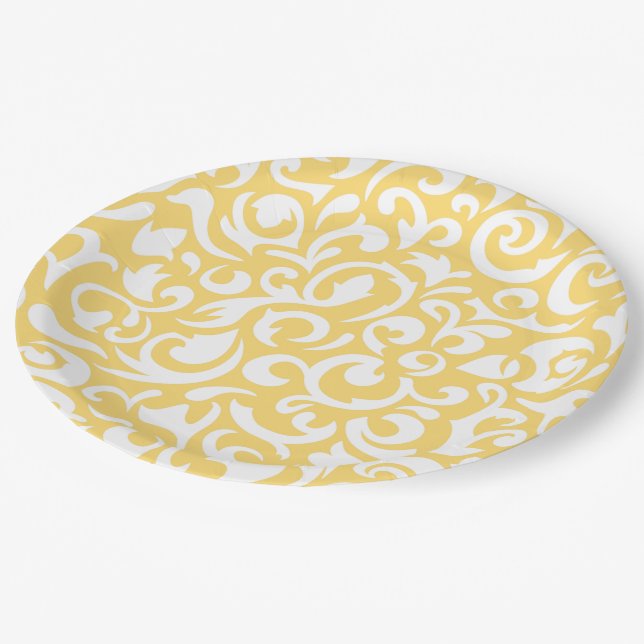 Cute Corn Yellow White Damask Floral Pattern Paper Plate (Angled)