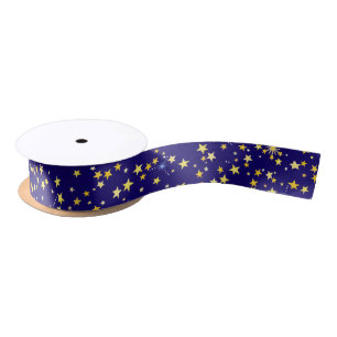 Cute Cosmic Pattern Starry Night Galaxy Navy Blue Satin Ribbon