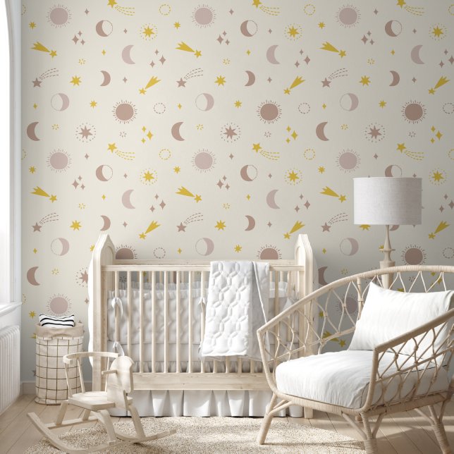 Cute Cosmic Space Sun Moon and Stars on cream Wallpaper (Kids)