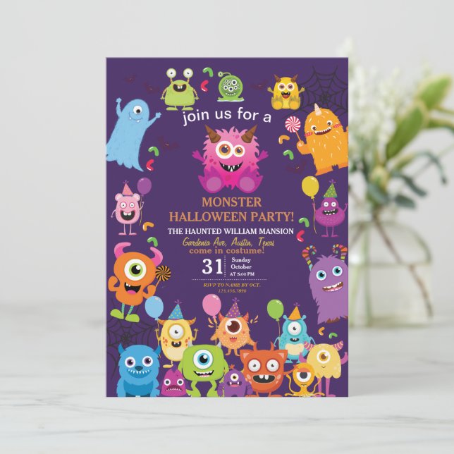 Cute Costume Monster Halloween Party For Kids Invitation (Standing Front)