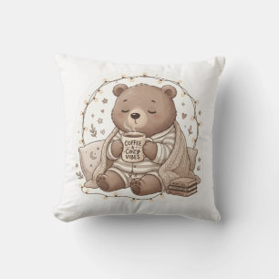 Cute Cosy Bear with Coffee Hygge Aesthetic Throw P Cushion