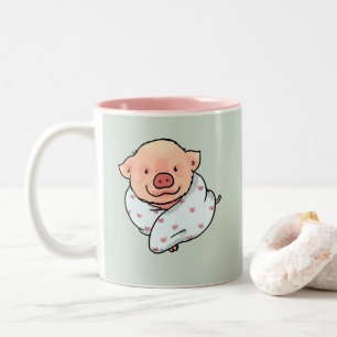 Cute Cosy Cartoon Pig Wrapped in Blanket Two-Tone Coffee Mug