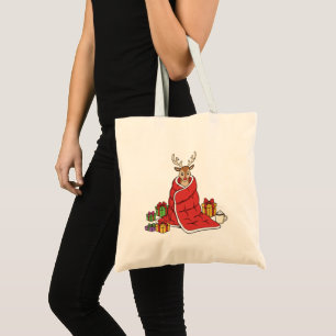 Cute Cosy Christmas Reindeer in Blanket Funny Tote Bag