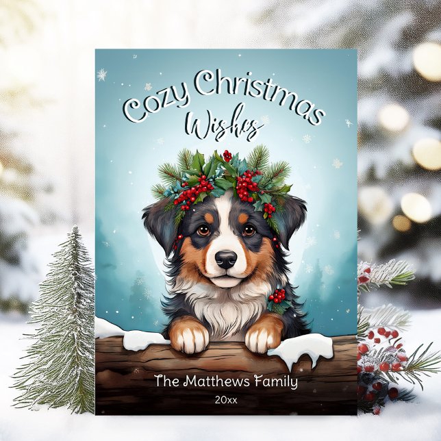 Cute Cosy Christmas Wishes Australian Shepherd Dog Holiday Card (Adorable Winter Snowy Scene With Peeking Dogs or Farm/Woodland Animals - Over 50 to Choose From!)