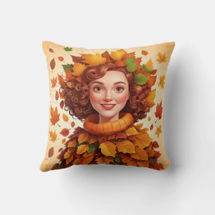 Cute Cosy Colourful Leaves Fall Woman Pattern  Cushion