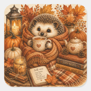 Cute Cosy Fall Hedgehog Self Care Cottagecore Square Sticker