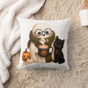Cute Cosy Halloween Ghost with Black Cat Cushion