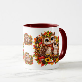 Cute Cosy Owls Autumn Woodland Leaves Mushrooms Mug