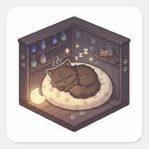 Cute Cosy Sleeping Cat in Magic Nook Square Sticker