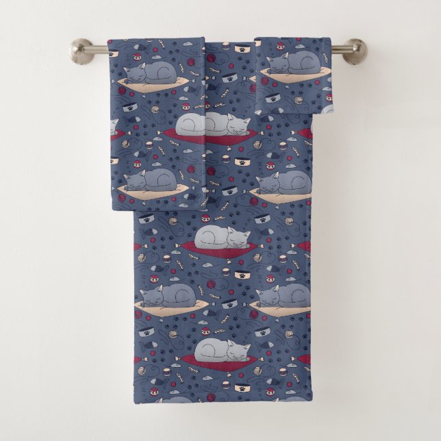 Cute & Cosy Sleepy Cat Dreams Pattern  Bath Towel Set (Insitu)