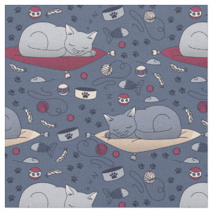 Cute & Cosy Sleepy Cat Dreams Pattern  Fabric