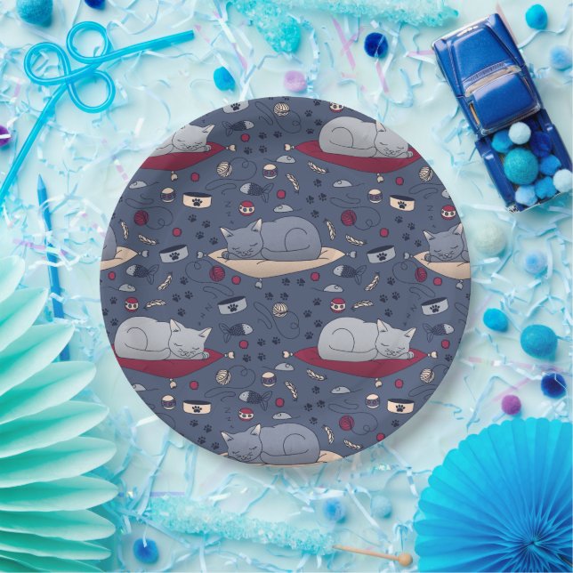 Cute & Cosy Sleepy Cat Dreams Pattern  Paper Plate (Party)