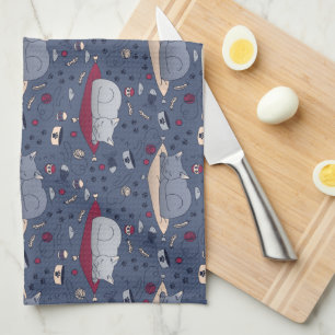 Cute & Cosy Sleepy Cat Dreams Pattern  Tea Towel