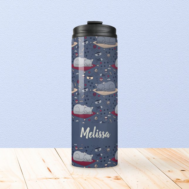 Cute & Cosy Sleepy Cat Dreams Pattern  Thermal Tumbler (Sleepy Cat Thermal Tumbler)