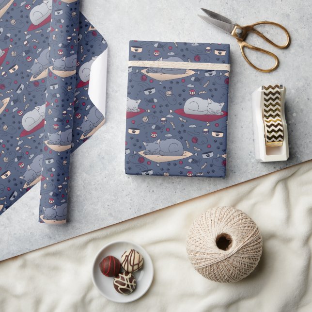 Cute & Cosy Sleepy Cat Dreams Pattern  Wrapping Paper (Crafts)