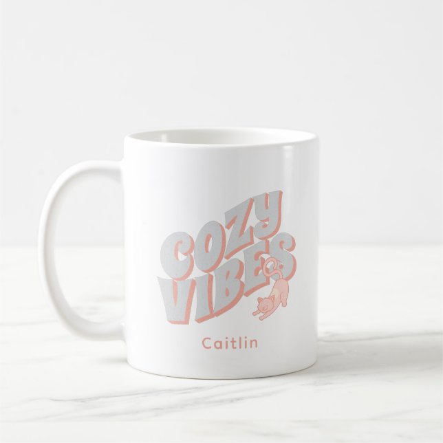 Cute 'Cosy Vibes' Pastel Cat Personalised Coffee Mug (Left)