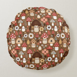 Cute Cottage Core Mushrooms and Flowers Round Cushion