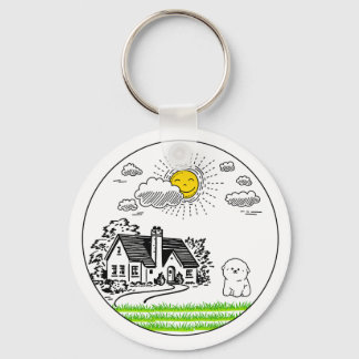 *Cute Cottage & Puppy with Smiling Sun – Circular  Key Ring
