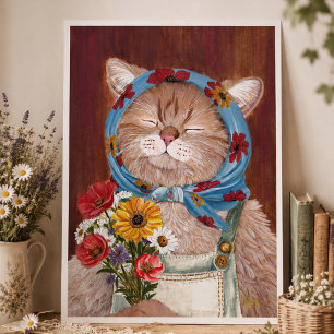 Cute Cottagecore Cat with Flowers Nursery Poster