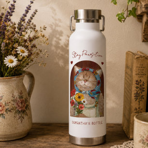 Cute Cottagecore Cat with Flowers Stay Pawsitive Water Bottle