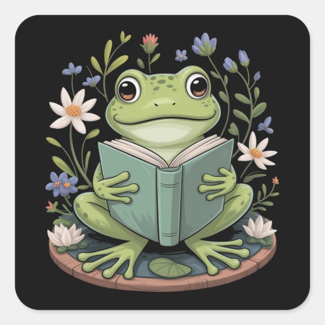 Cute Cottagecore Floral Frog Aesthetic Nature Square Sticker (Front)