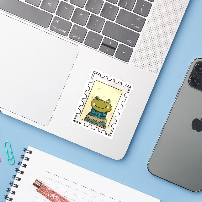 Cute Cottagecore Frog Stamp Sticker (Laptop w/ iPhone)