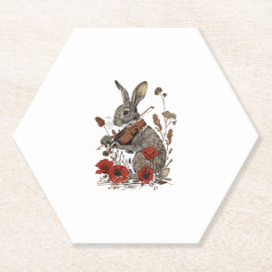 Cute Cottagecore Graphic Rabbit Playing Violin Paper Coaster