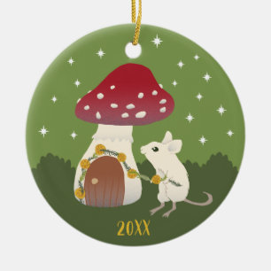 Cute Cottagecore Mouse Red Mushroom House Green Ceramic Ornament