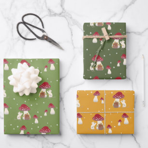 Cute Cottagecore Mouse Red Mushroom House Green Wrapping Paper Sheet