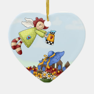 Cute Country Angel Watering Flowers Ceramic Ornament