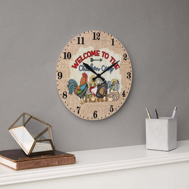 Cute Country chicken coop word art Large Clock (Office)