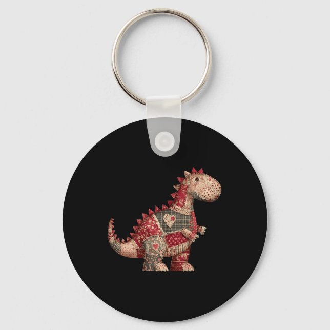 Cute Country Dinosaur Patchwork Hearts Valentine  Key Ring (Front)