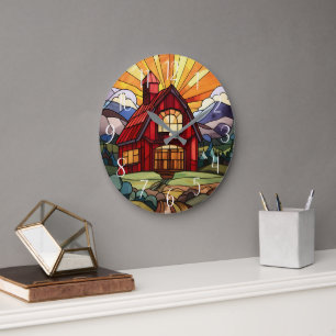 cute Country farm faux stained glass  Large Clock
