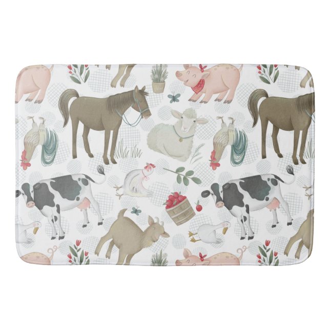 Cute Country Farmhouse Animals Cows Sheep Pigs Bath Mat (Front)