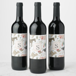 Cute Country Farmhouse Monogram Animals Wine Label