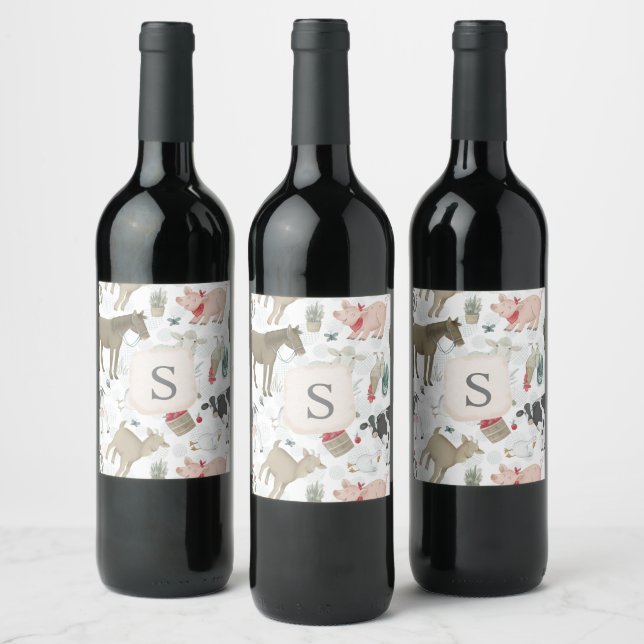 Cute Country Farmhouse Monogram Animals Wine Label (Bottles)