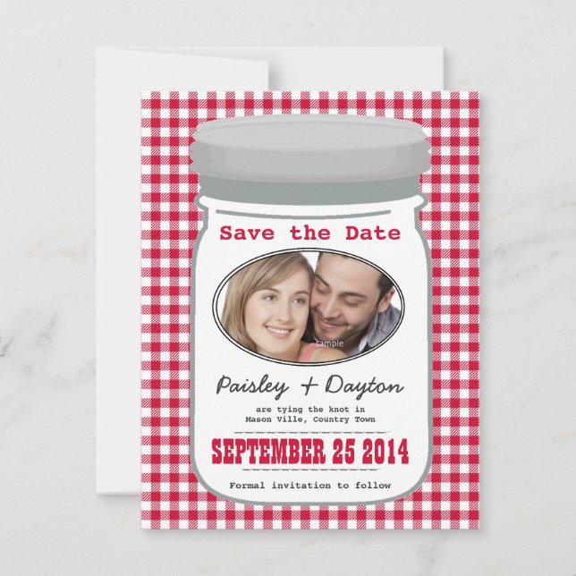 Cute Country Gingham Mason Jar Save the Date (Front)