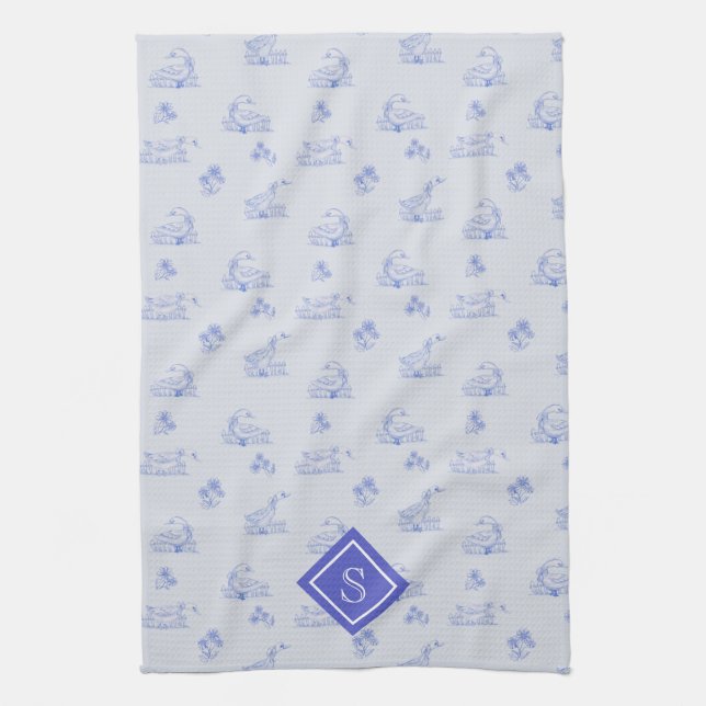 Cute Country Goose Toile Pattern Monogram Tea Towel (Vertical)