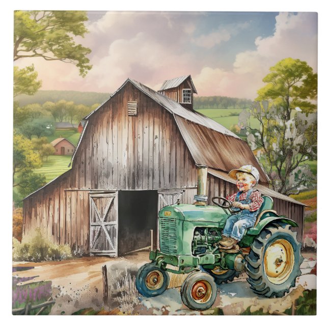 cute Country kid tractor Ceramic Tile (Front)