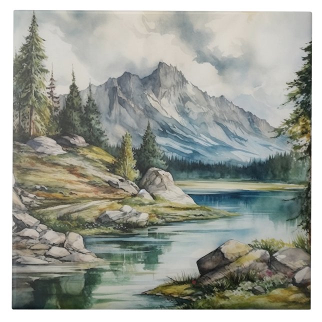 Cute Country mountain lake scene  Ceramic Tile (Front)