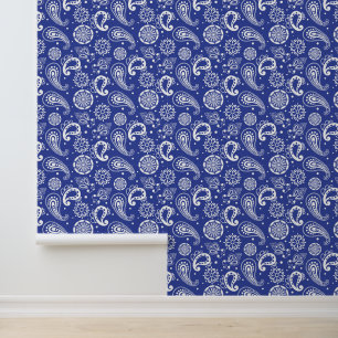 Cute Country Paisley pattern blue white tiled Wallpaper